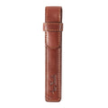 Tony Perotti pencil case for 1 pen in Dark Brown Italian vegetable-tanned leather, closed, front view with flap, strap loop and logo