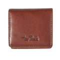 Tony Perotti coin purse with magnetic closure in Dark Brown Italian vegetable-tanned leather, closed, front view with embossed logo