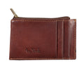Tony Perotti credit card zip wallet in Dark Brown Italian vegetable-tanned leather, front view with card slots, top zip and embossed logo