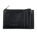 Tony Perotti credit card zip wallet in Black Italian vegetable-tanned leather, front view with card slots, top zip and embossed logo