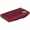 Tony Perotti SLIM Furbo card holder in Dark Pink Italian vegetable-tanned leather, back view with a card in the outer slot and RFID mark