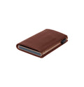 Tony Perotti SLIM Furbo card holder in Brown vegetable-tanned leather, closed and lying flat, with a bronze aluminium case and slider