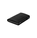 Tony Perotti SLIM Furbo card holder in Black vegetable-tanned leather, closed and lying flat, with dark aluminium case and slider