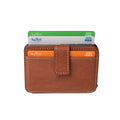 Tony Perotti Furbo EVO STANDARD card holder in Dark Brown Italian vegetable-tanned leather, front view with strap tab and cards pushed up