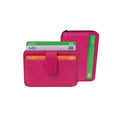 Tony Perotti Furbo EVO STANDARD card holder in Fuchsia Italian vegetable-tanned leather, front and back views side by side, cards pushed up