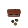 Tony Perotti Furbo EVO LARGE card holder in Dark Brown vegetable-tanned leather, coin pocket flap open above three euro coins