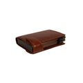 Tony Perotti Double Furbo card holder with coin pocket in Brown vegetable-tanned leather, closed, showing the two bronze-tone aluminium cases
