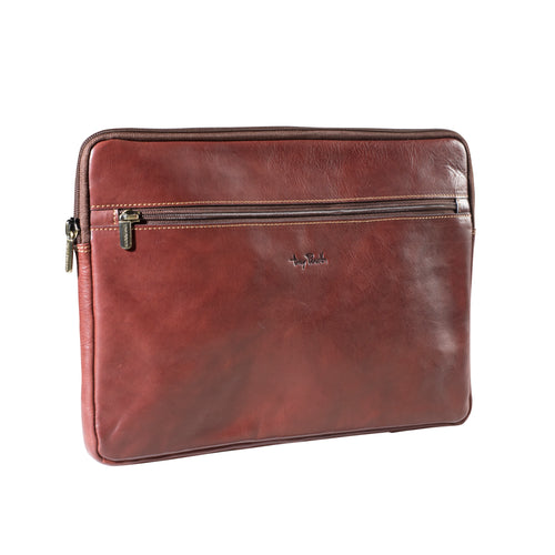 Tony Perotti 13-inch laptop sleeve in Dark Brown Italian vegetable-tanned leather, front with zipped pocket and embossed logo