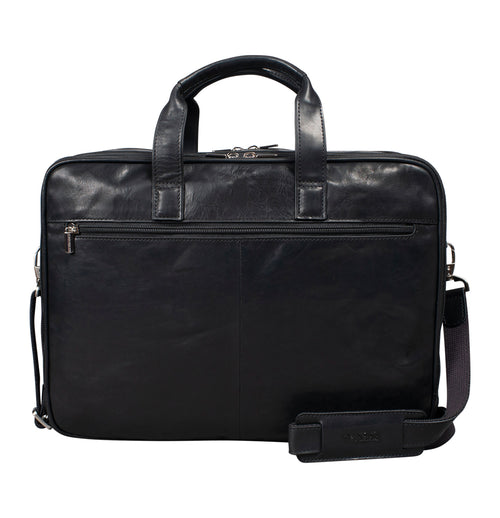 Tony Perotti 2-compartment 42 cm laptop briefcase in Black leather, back view with zipped rear pocket, carry handles and shoulder strap