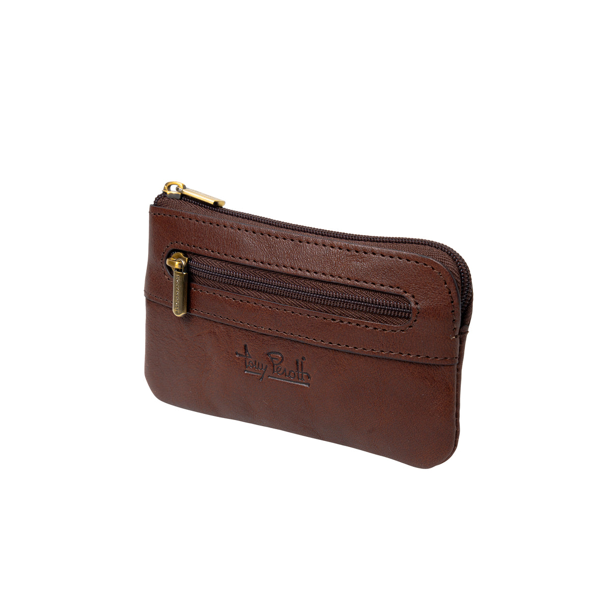 Tony Perotti zipped key pouch with coin pocket in Chocolate Brown Italian vegetable-tanned leather, front with zipped coin pocket and logo