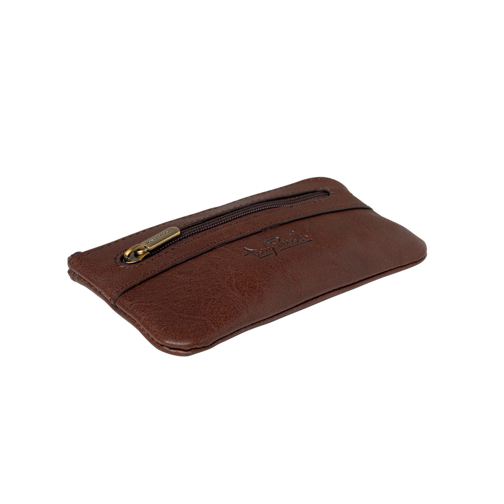 Tony Perotti zipped key pouch with coin pocket in Chocolate Brown leather lying flat, showing the front zip pocket and embossed logo