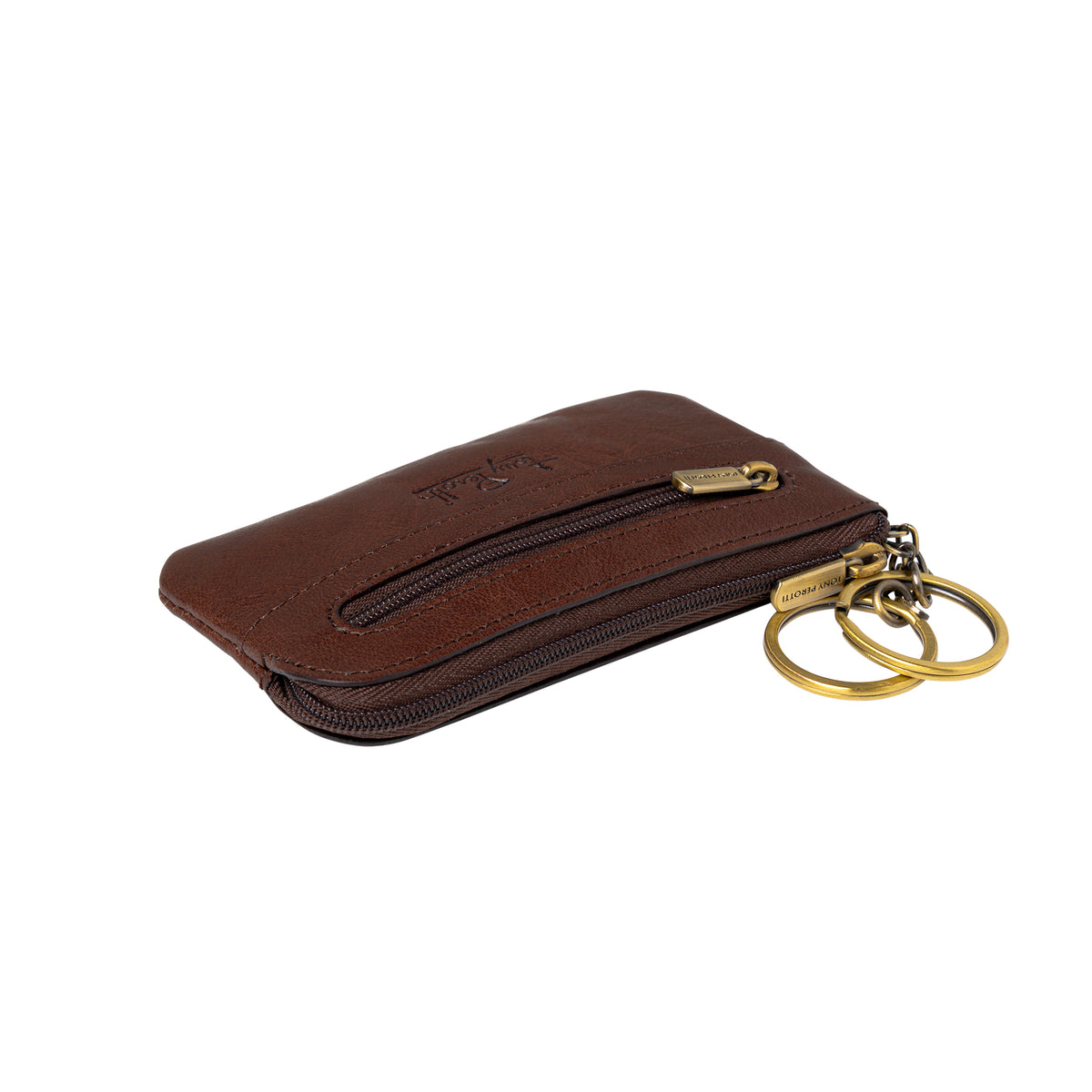 Tony Perotti zipped key pouch with coin pocket in Chocolate Brown leather lying flat, with two brass-tone key rings attached at the side