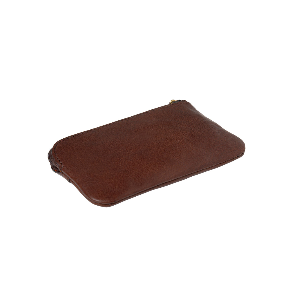 Tony Perotti zipped key pouch with coin pocket in Chocolate Brown leather, plain back view lying flat