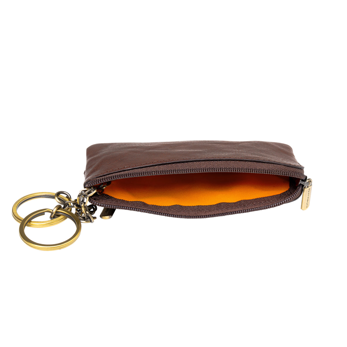 Tony Perotti zipped key pouch with coin pocket in Chocolate Brown leather with the main zip open, showing the orange lining and key rings