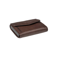 Tony Perotti COIN Furbo card holder in Chocolate Brown vegetable-tanned leather, closed, showing the coin pocket flap and embossed logo