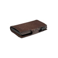 Tony Perotti STANDARD Furbo card holder in Chocolate Brown Italian vegetable-tanned leather, lying closed, showing the embossed logo and tab