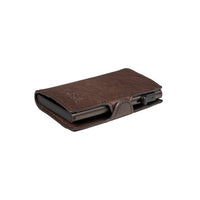 Tony Perotti STANDARD Furbo card holder in Chocolate Brown Italian vegetable-tanned leather, lying closed, showing the embossed logo and tab