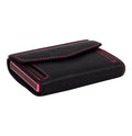 Tony Perotti COIN Furbo card holder in Black & Fuchsia vegetable-tanned leather, closed, showing the coin flap, embossed logo and fuchsia stitching