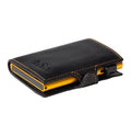 Tony Perotti STANDARD Furbo card holder in Black & Yellow Italian vegetable-tanned leather, closed with press-stud strap and embossed logo