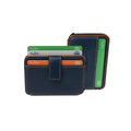 Tony Perotti Furbo EVO STANDARD card holder in Orange & Dark Blue vegetable-tanned leather, front with cards up beside the back with RFID mark