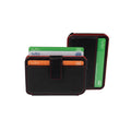 Tony Perotti Furbo EVO STANDARD card holder in Red & Black vegetable-tanned leather, front with cards up beside the back with RFID mark