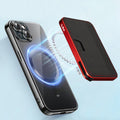Tony Perotti Furbo EVO MAGSAFE card holder in Red & Black vegetable-tanned leather, snapping magnetically onto an iPhone