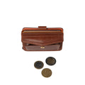 Tony Perotti Furbo EVO LARGE card holder in Orange & Dark Brown vegetable-tanned leather, coin pocket flap open above three euro coins