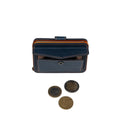 Tony Perotti Furbo EVO LARGE card holder in Orange & Dark Blue vegetable-tanned leather, coin pocket flap open above three euro coins