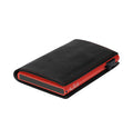 Tony Perotti SLIM Furbo card holder in Black & Red Italian vegetable-tanned leather, closed and lying flat, with red case and stitching