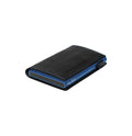 Tony Perotti SLIM Furbo card holder in Black & Dark Blue Italian vegetable-tanned leather, closed and lying flat, with blue case and stitching