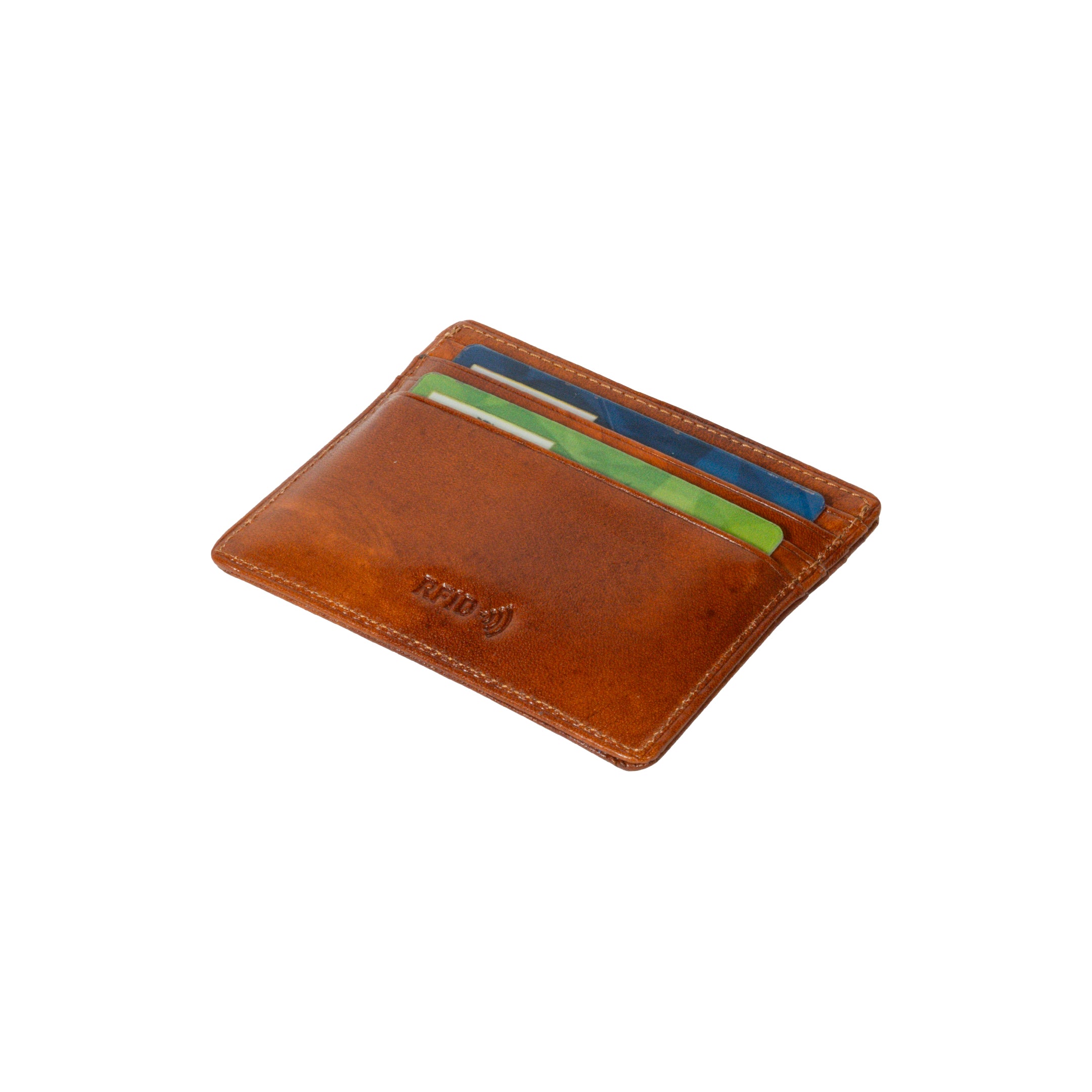 Van Gogh cognac card holder open, showing RFID card slots