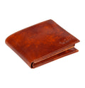 Tony Perotti billfold in Van Gogh Cognac vegetable-tanned Tuscan leather, closed and lying flat, with embossed logo and contrast stitching