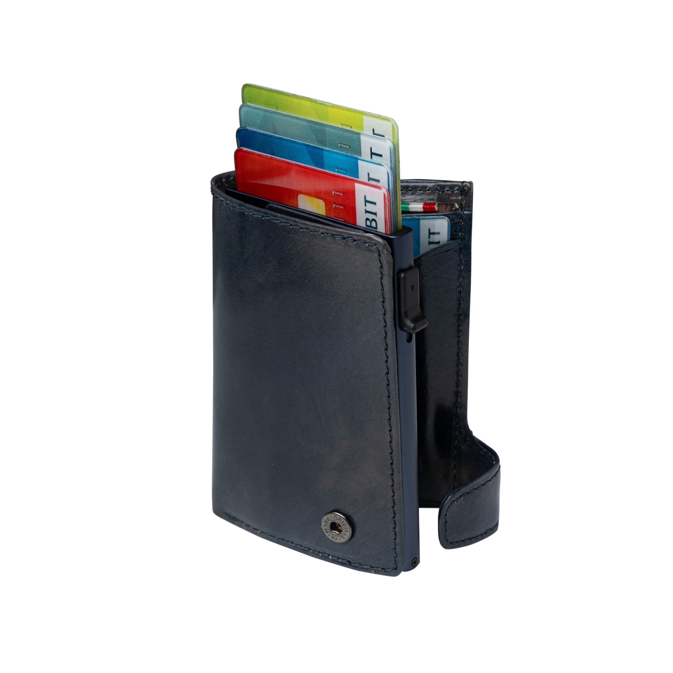 Tony Perotti Van Gogh blue leather card holder with cards fanned out of the pop-up case, front view