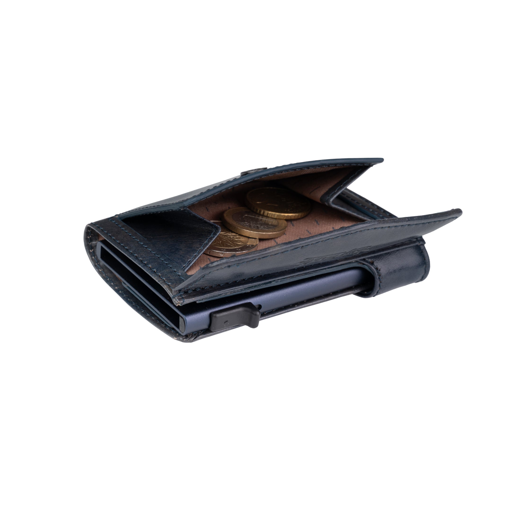 Van Gogh blue leather card holder open, showing the coin compartment with coins