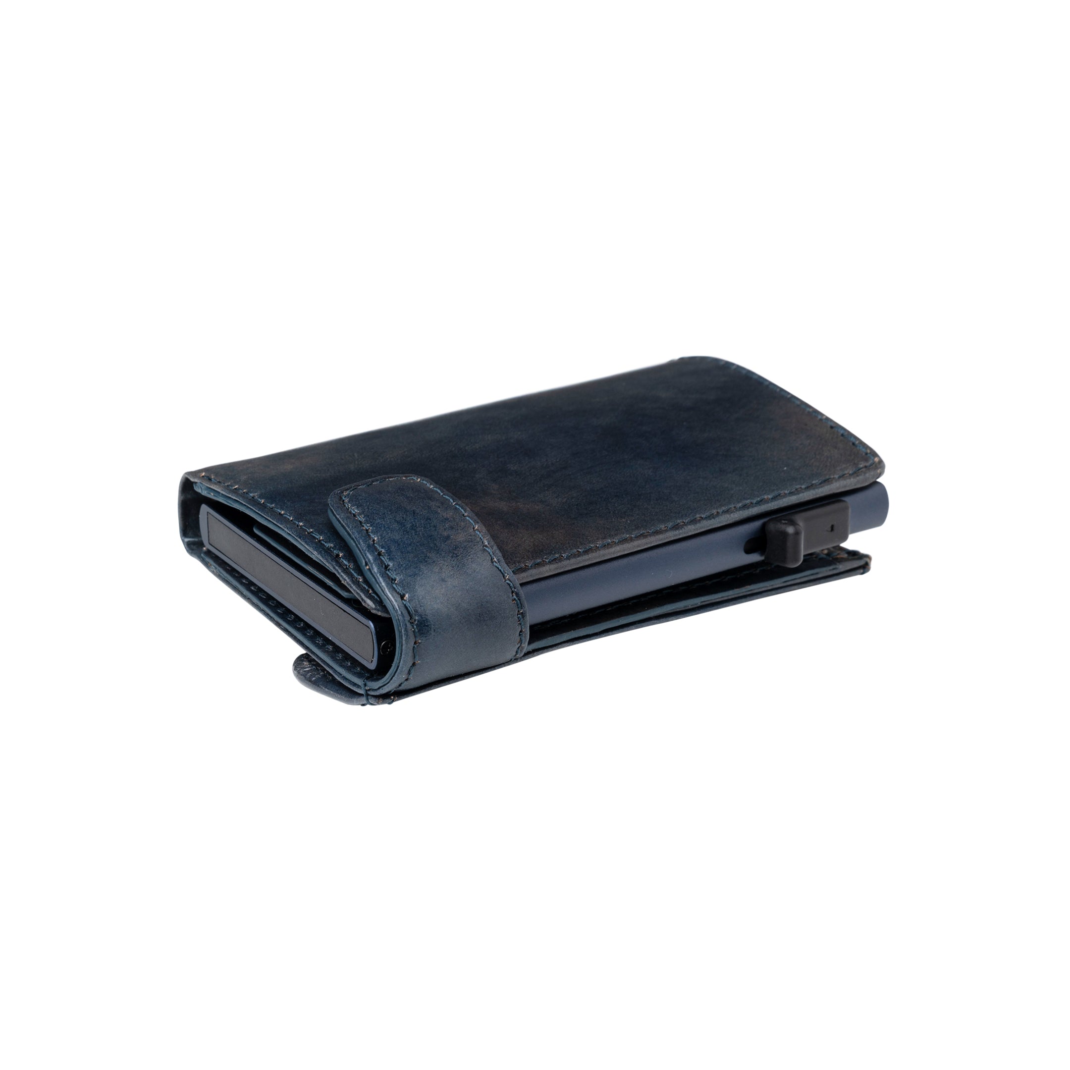 Van Gogh blue leather card holder closed, lying on its side showing the thumb-slide lever
