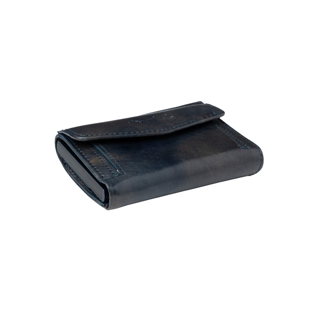 Van Gogh blue leather card holder closed, lying flat with the snap-button flap