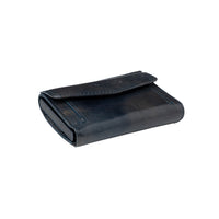 Van Gogh blue leather card holder closed, lying flat with the snap-button flap