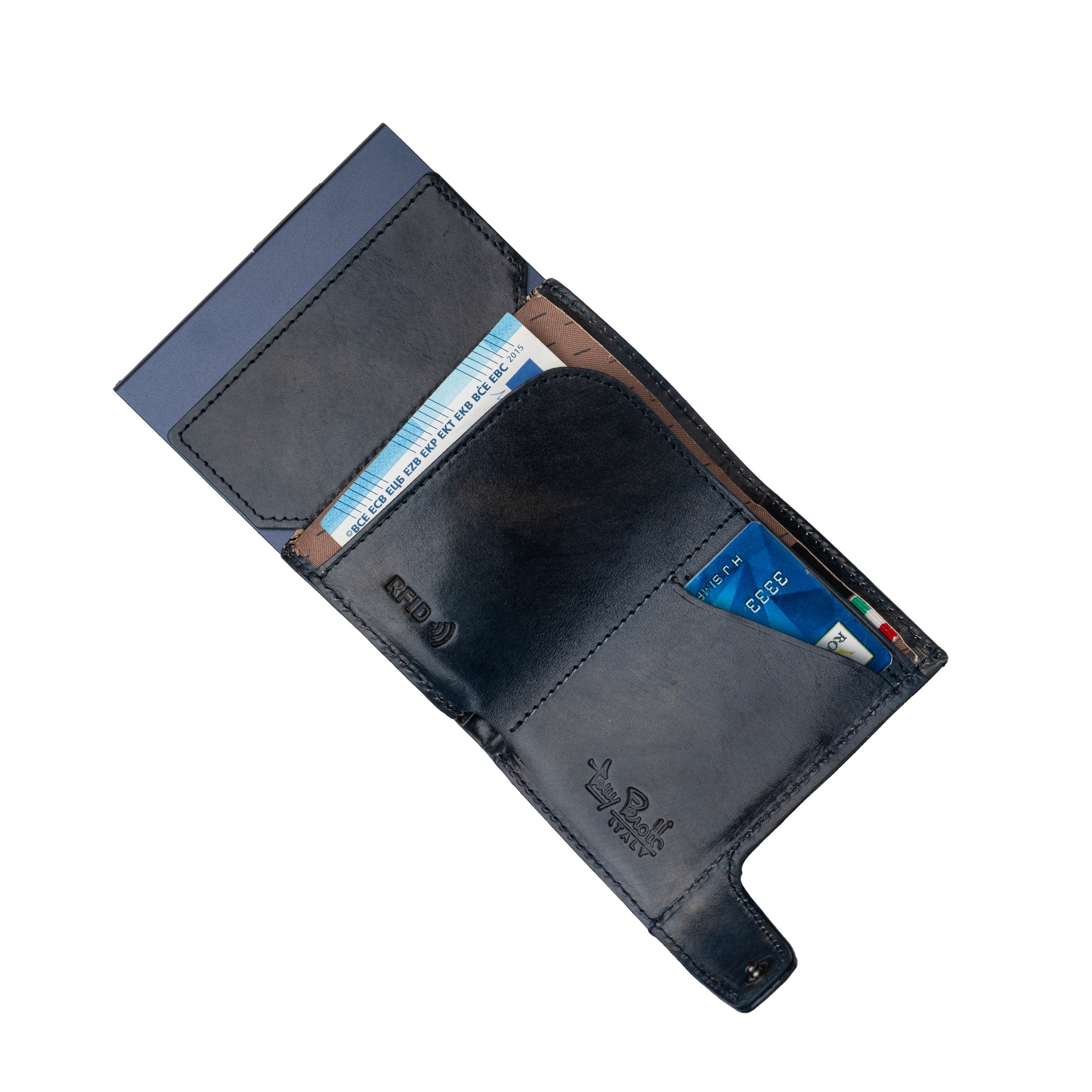 Van Gogh blue leather card holder open flat, showing the RFID interior and card slots