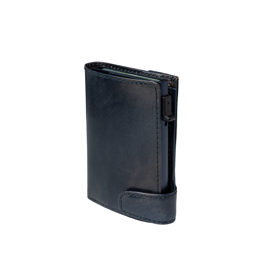 Tony Perotti Van Gogh blue leather card holder standing upright, closed, front three-quarter view
