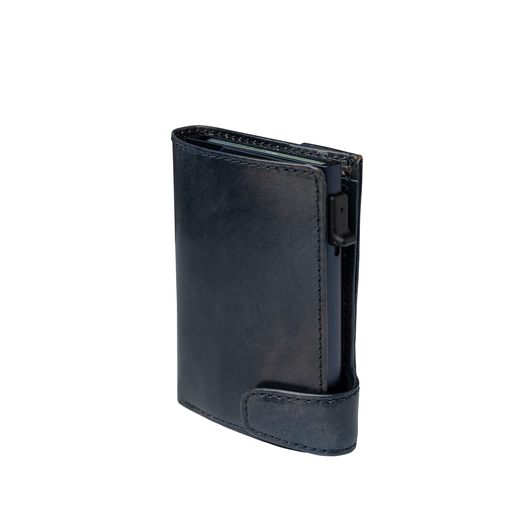 Tony Perotti Van Gogh blue leather card holder standing upright, closed, front three-quarter view