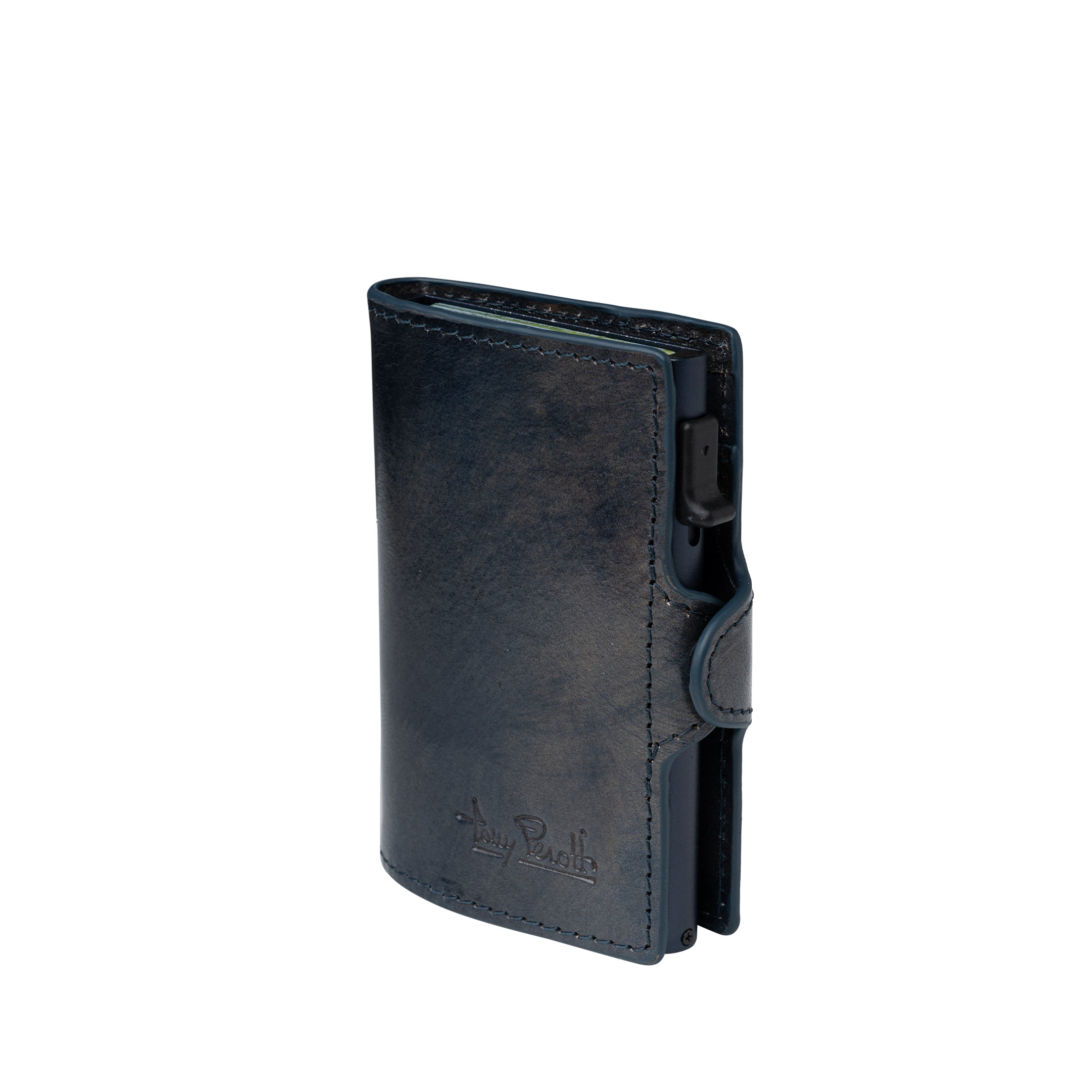 Tony Perotti Van Gogh blue leather card holder standing upright, closed, front three-quarter view