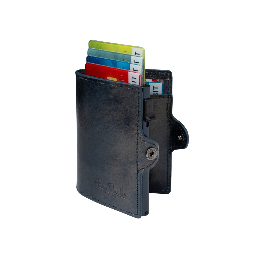 Tony Perotti Van Gogh blue leather card holder with cards fanned out of the pop-up case, front view