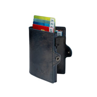 Tony Perotti Van Gogh blue leather card holder with cards fanned out of the pop-up case, front view