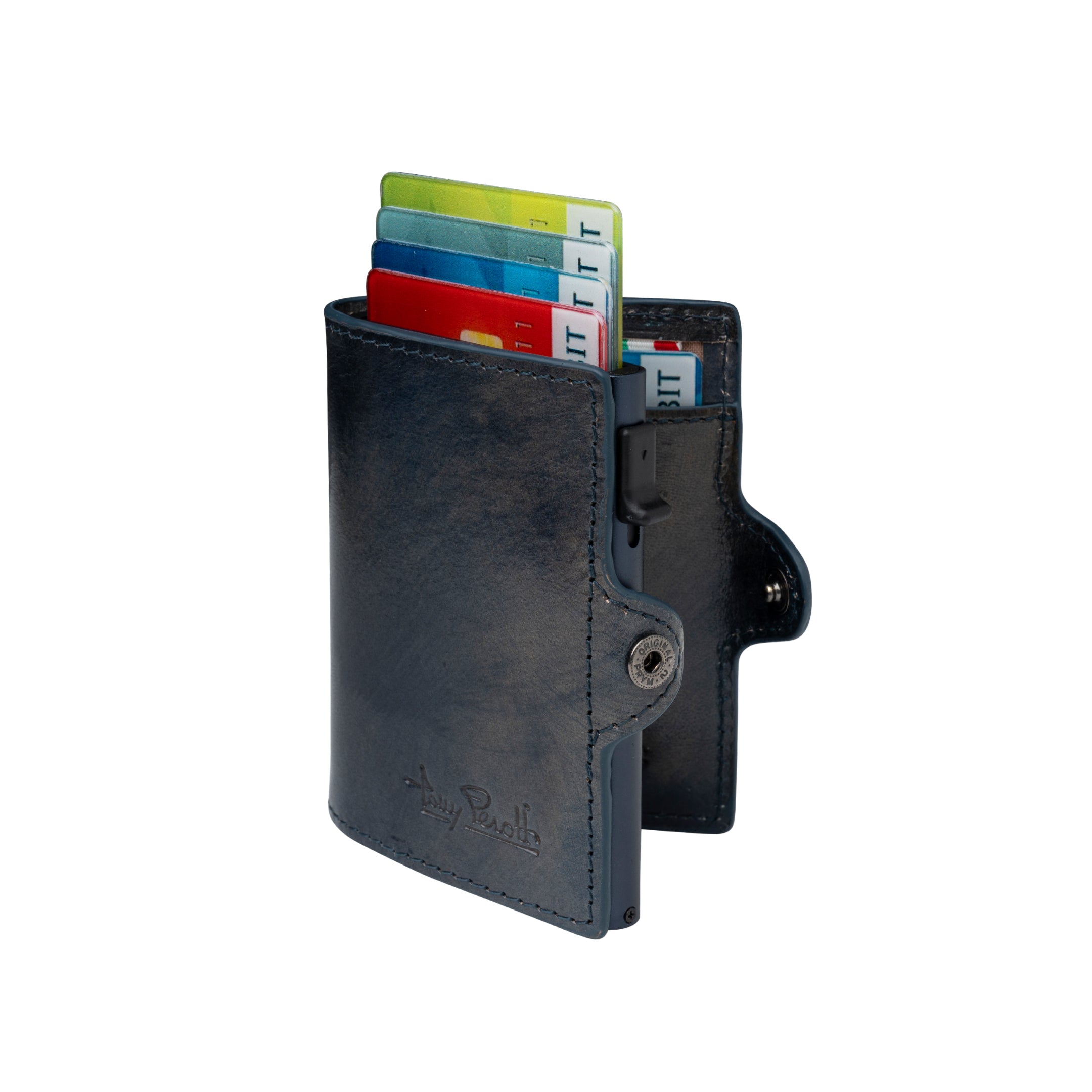Tony Perotti Van Gogh blue leather card holder with cards fanned out of the pop-up case, front view