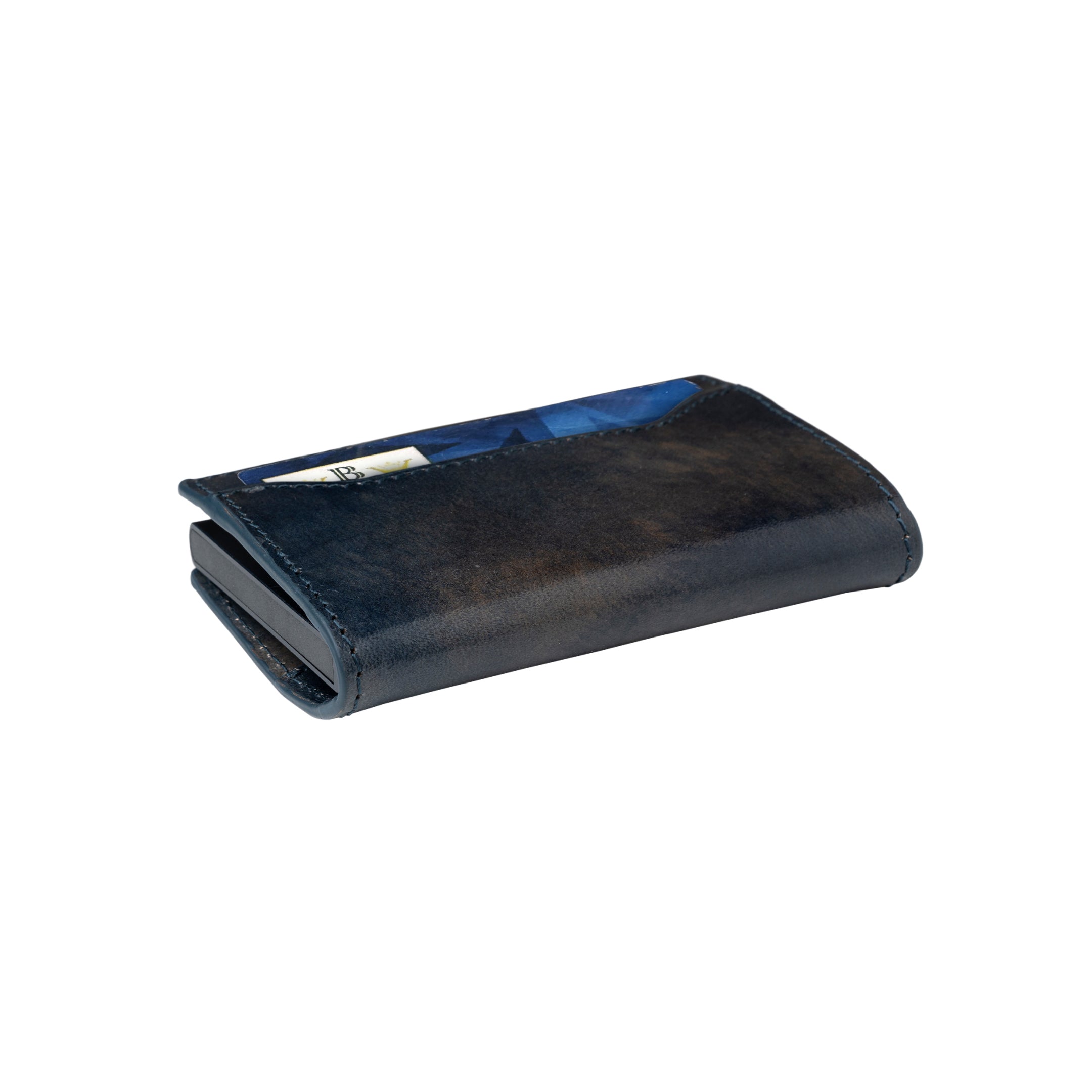 Van Gogh blue leather card holder closed, lying flat with cards visible at the top