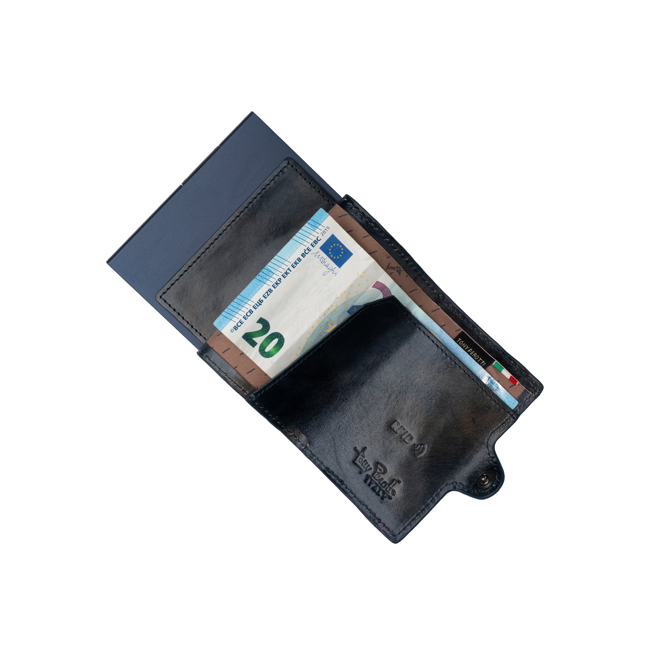 Van Gogh blue leather card holder open flat, showing a banknote in the note pocket and RFID interior