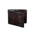 Tony Perotti American billfold in Black Van Gogh vegetable-tanned Tuscan leather, standing upright and slightly open, with embossed logo
