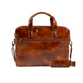 Tony Perotti 2-compartment laptop bag in Van Gogh Cognac vegetable-tanned Tuscan leather, back view with zipped pocket and shoulder strap