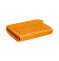 Tony Perotti COIN Furbo card holder in Maya Orange vegetable-tanned leather, closed, showing the coin flap and embossed logo