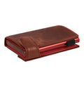 Tony Perotti COIN Furbo card holder Swiss Edition in Dark Brown & Red Arno vegetable-tanned Tuscan leather, closed, showing the red aluminium case